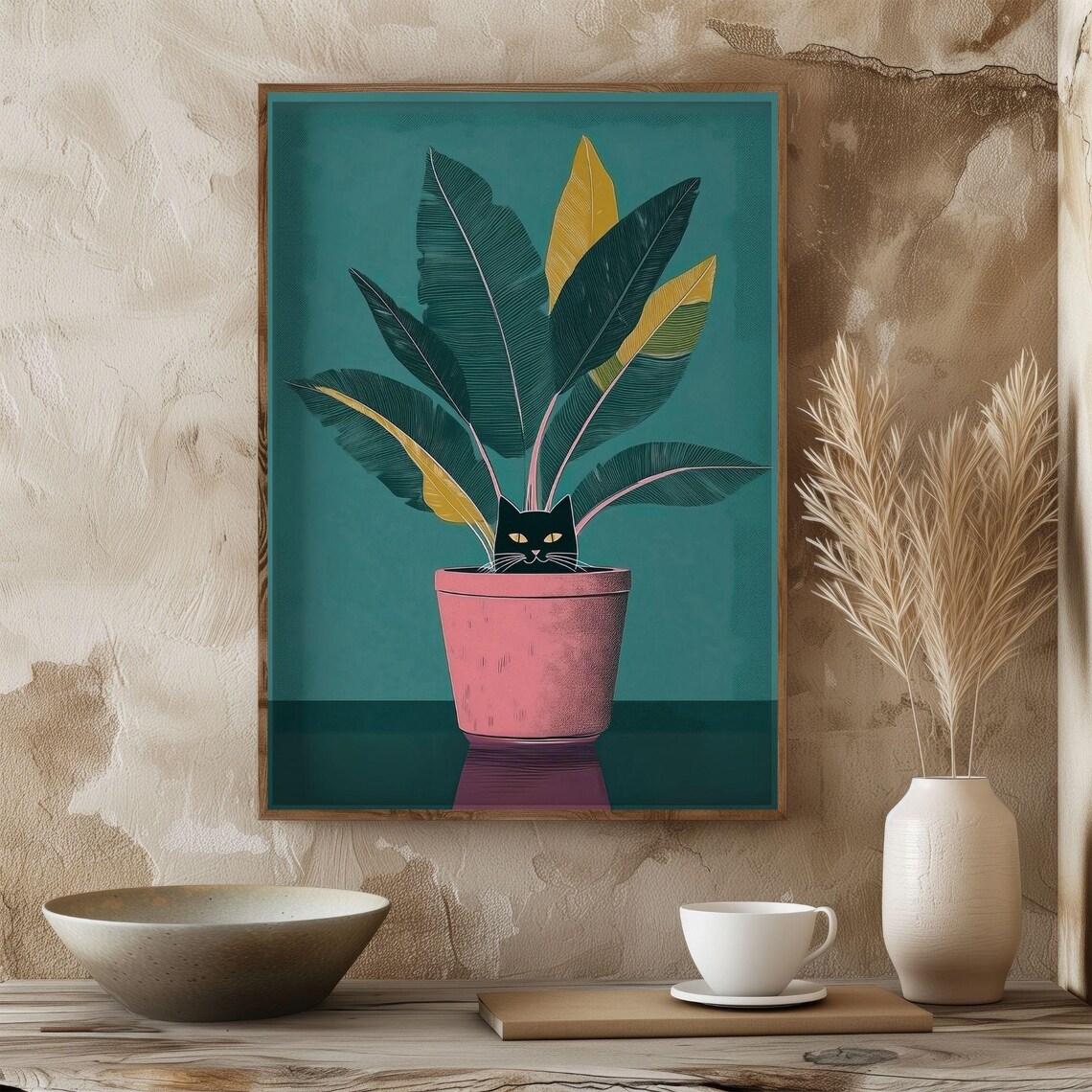 Black Cat Hiding In Plant Pot, Modern Illustration