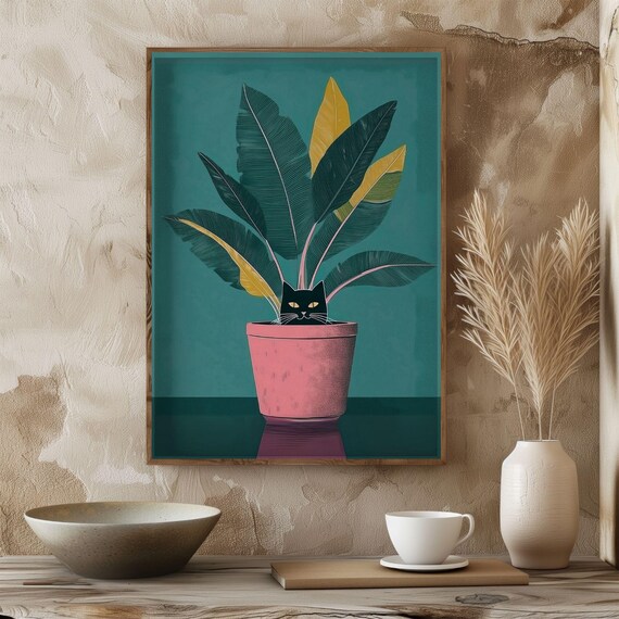 Black Cat Hiding In Plant Pot, Modern Illustration