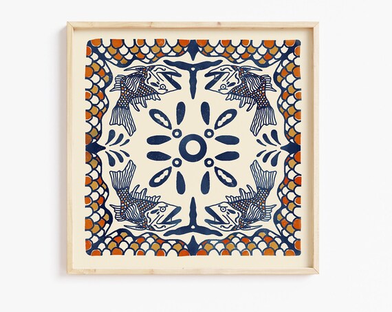 Four Fish Ocean Sun Hand Painted Mexican Tile Style Art Print