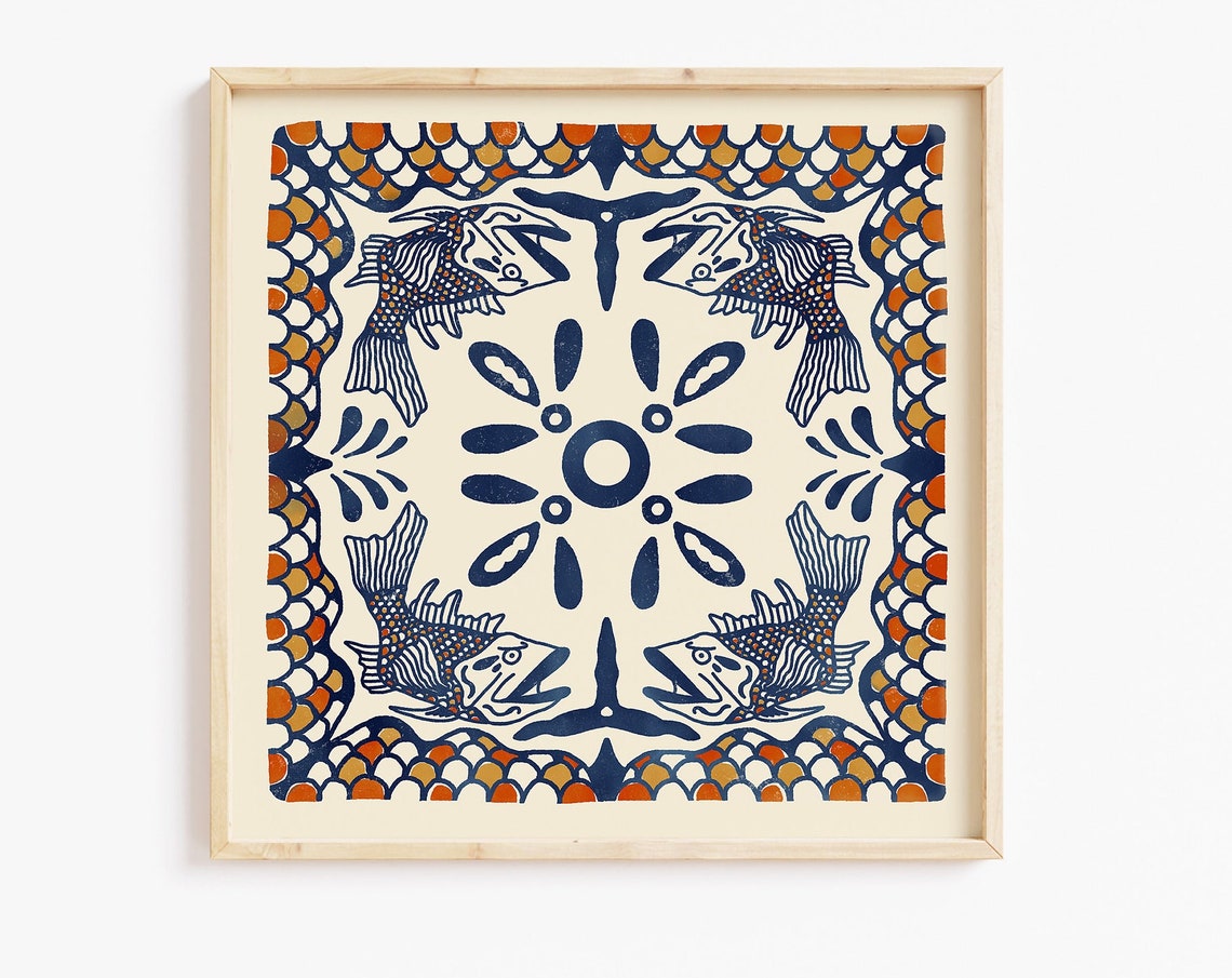 Four Fish Ocean Sun Hand Painted Mexican Tile Style Art Print