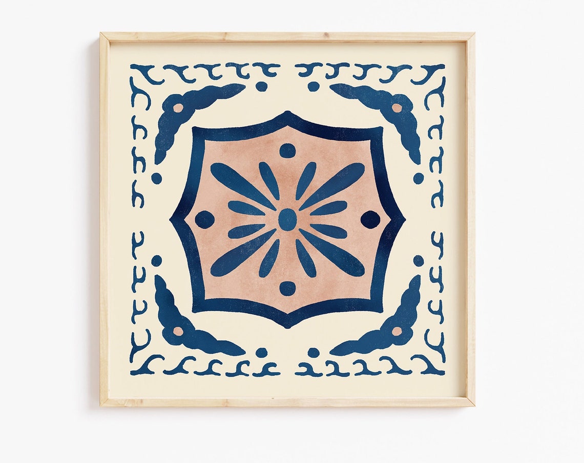 Blue Terracotta Talavera Tile Medallion Mediterranean Style Art Poster