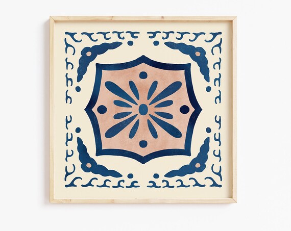 Santorini Tile No 8 Blue Pink Medallion Coastal Pattern Art Poster