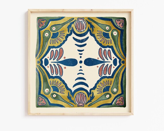 Sayulita Tile No 9 Colorful Mexican Talavera Style Pattern Art Poster