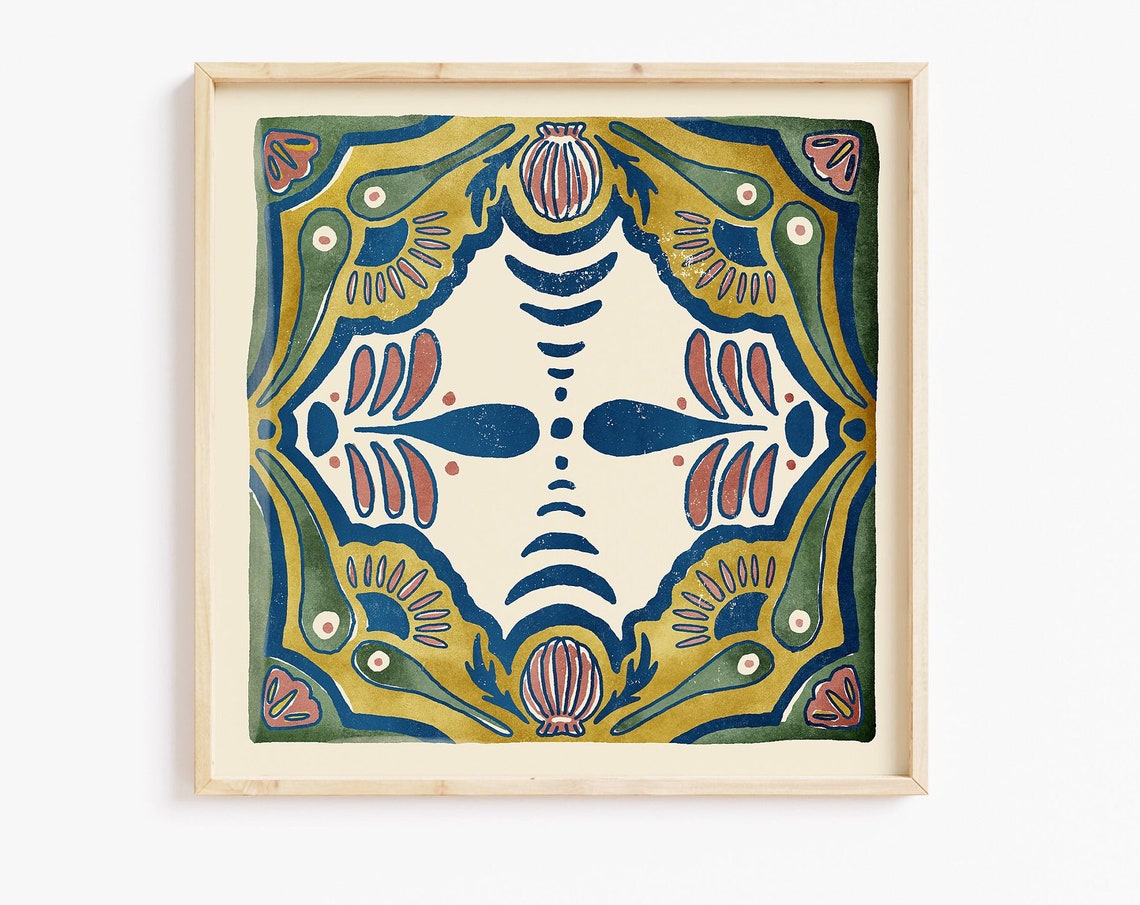 Sayulita Tile No 9 Colorful Mexican Talavera Style Pattern Art Poster