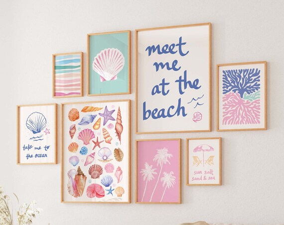 Coastal Gallery Wall Set Eight Framed Beach Shells Palms Poster