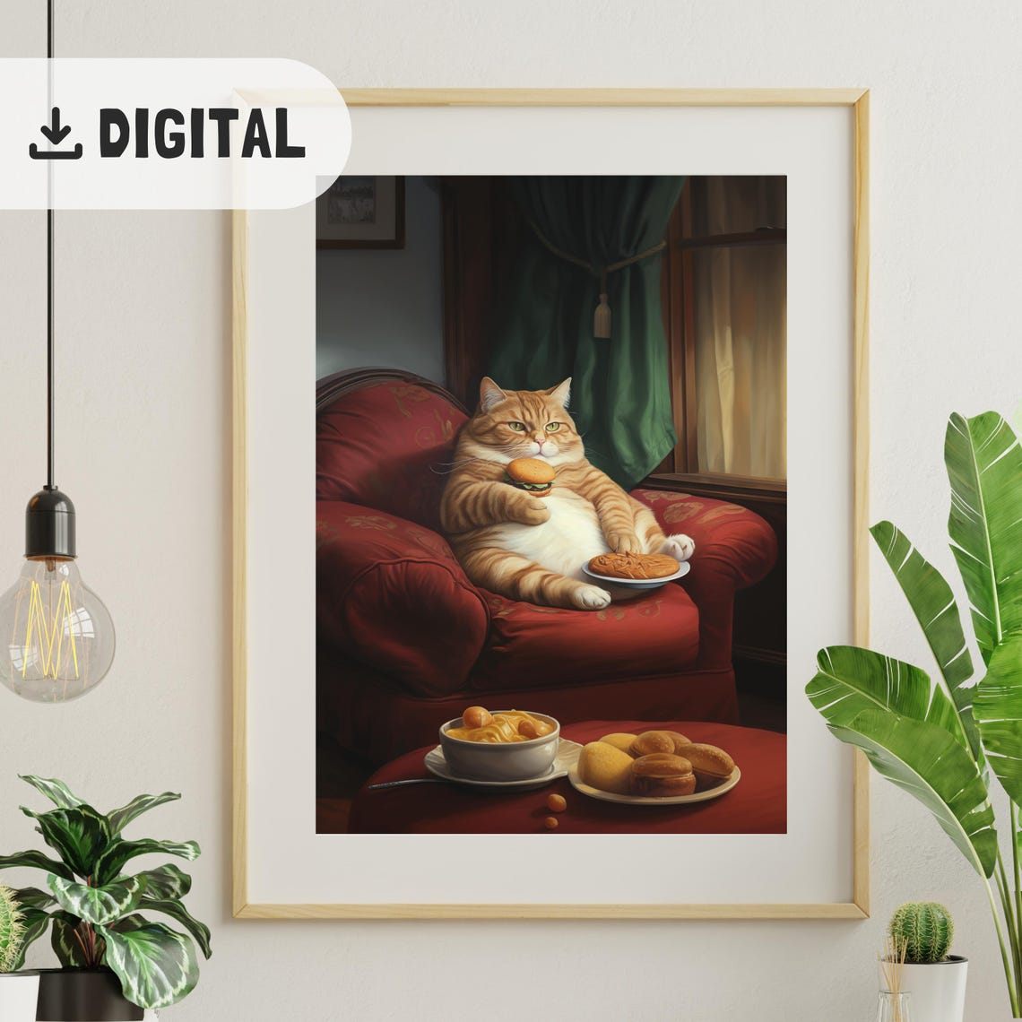 Orange Tabby Cat Eating Burger on Red Sofa Funny Foodie Poster