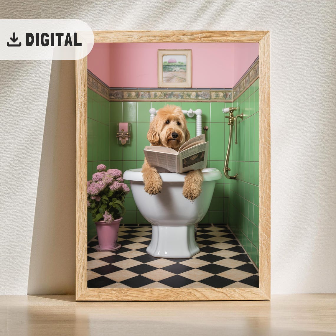 Goldendoodle Reading Book on Toilet in Green Tiled Bathroom Poster - Image 2