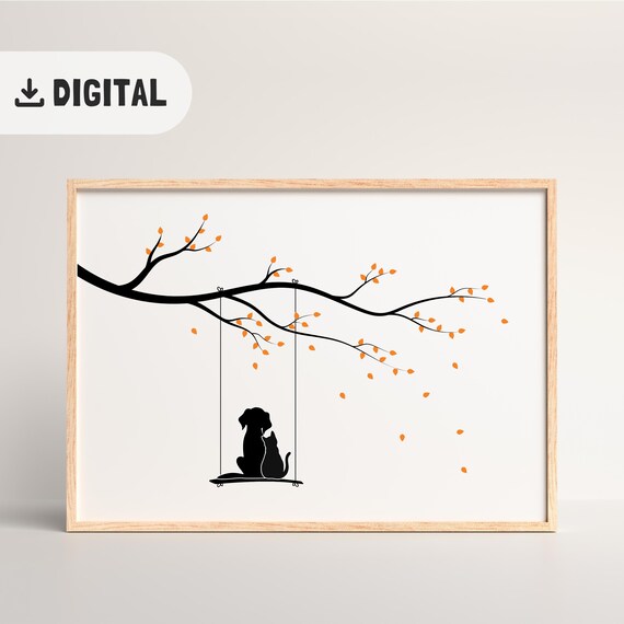 Cute Cat And Dog Wall Art Print Friends Poster Falling Leaves Trendy Aesthetic Home Decoration Inspiration Walldecor Romantic Pet Lover Gift