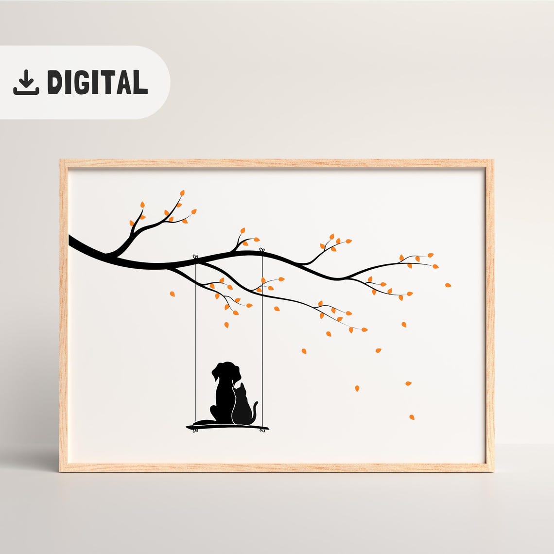 Dog and Cat Silhouettes on Swing with Falling Leaves Art Poster