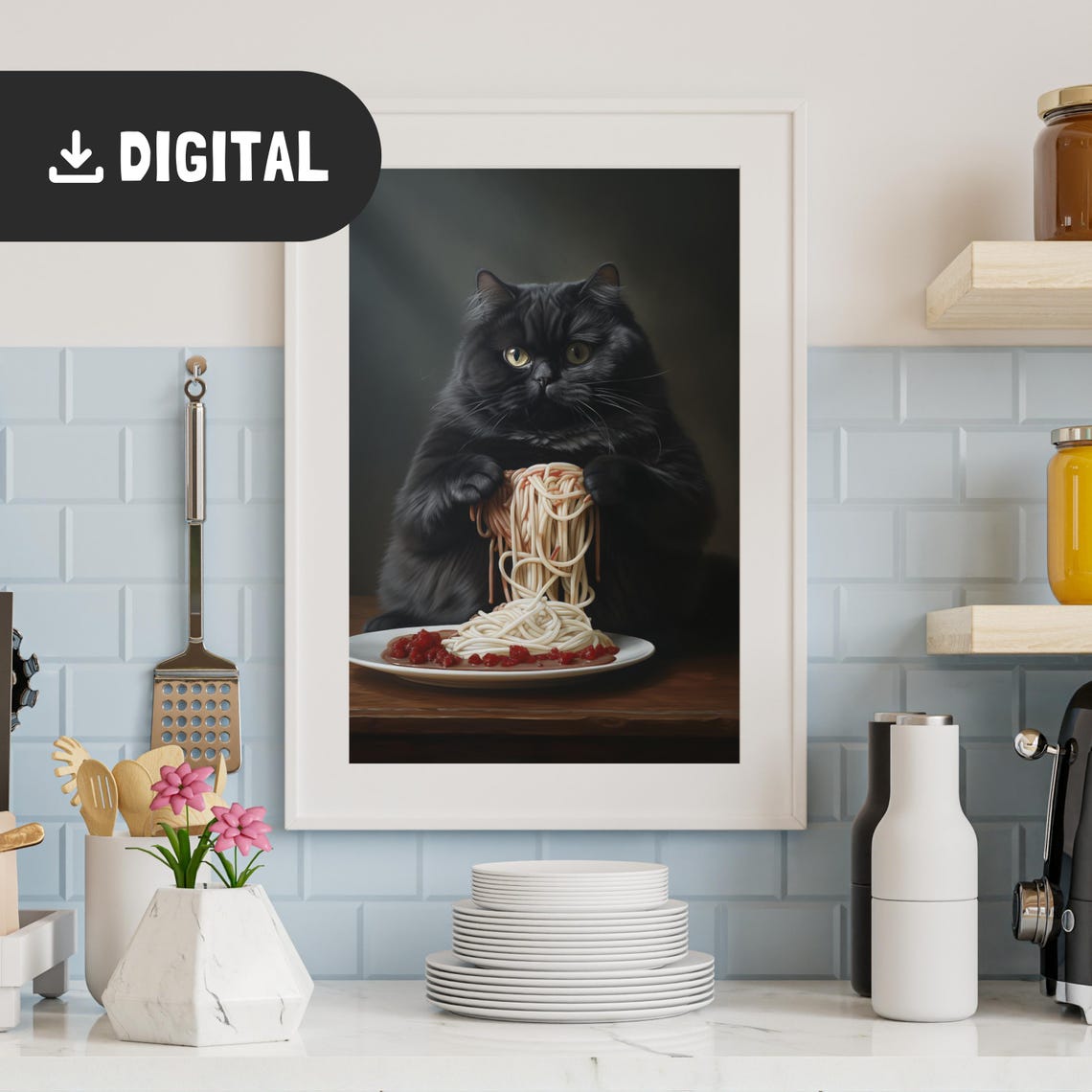 Chubby Black Cat Holding Spaghetti Meatballs Cute Poster Gift - Image 2