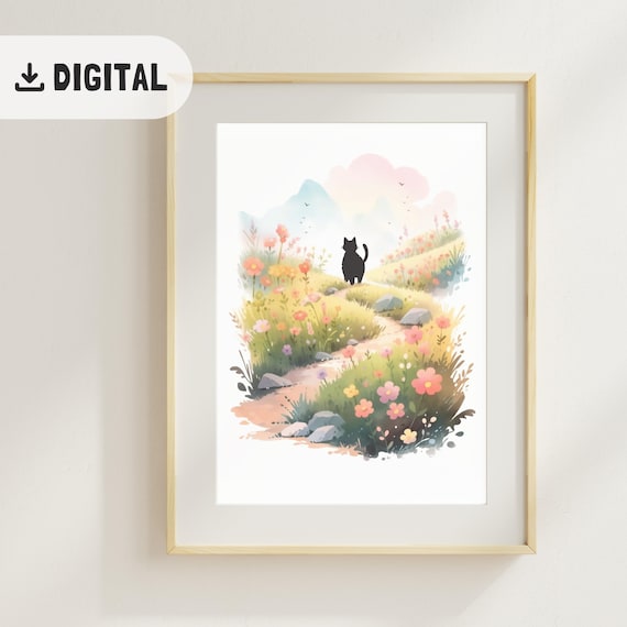 Black Cat Walking a Wildflower Path Watercolor Vignette Poster