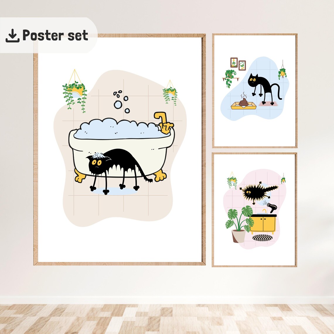 Funny Cat Blow Dry Bathroom Cartoon Black Cat Grooming Art Wall Art - Image 3