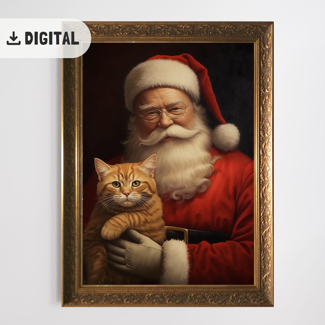 Santa Claus With Orange Tabby Cat Ornate Vintage Christmas Poster