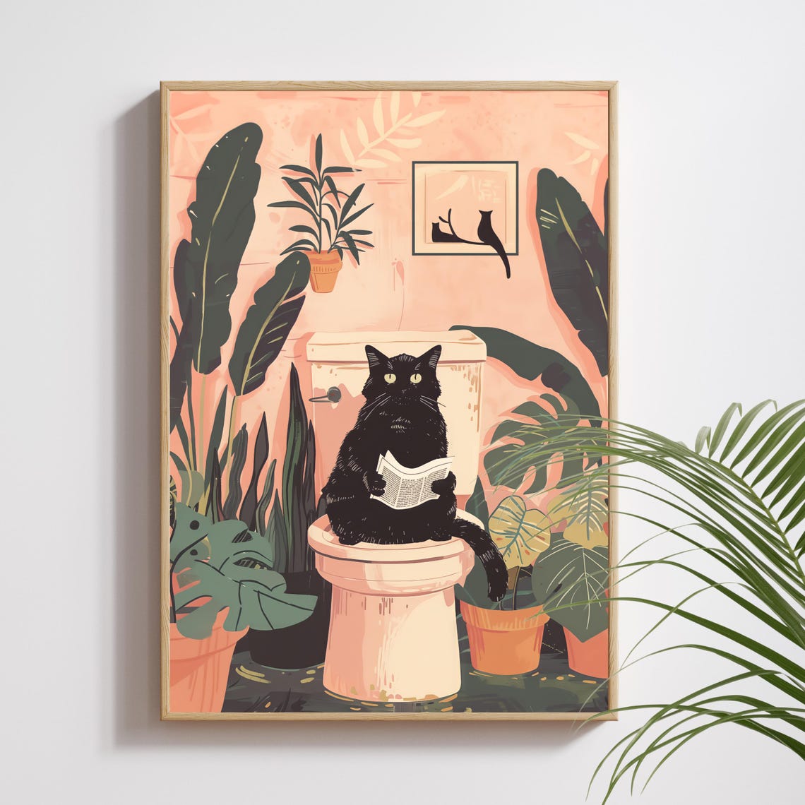 Black Cat Reading Newspaper on Toilet Botanical Bathroom Poster
