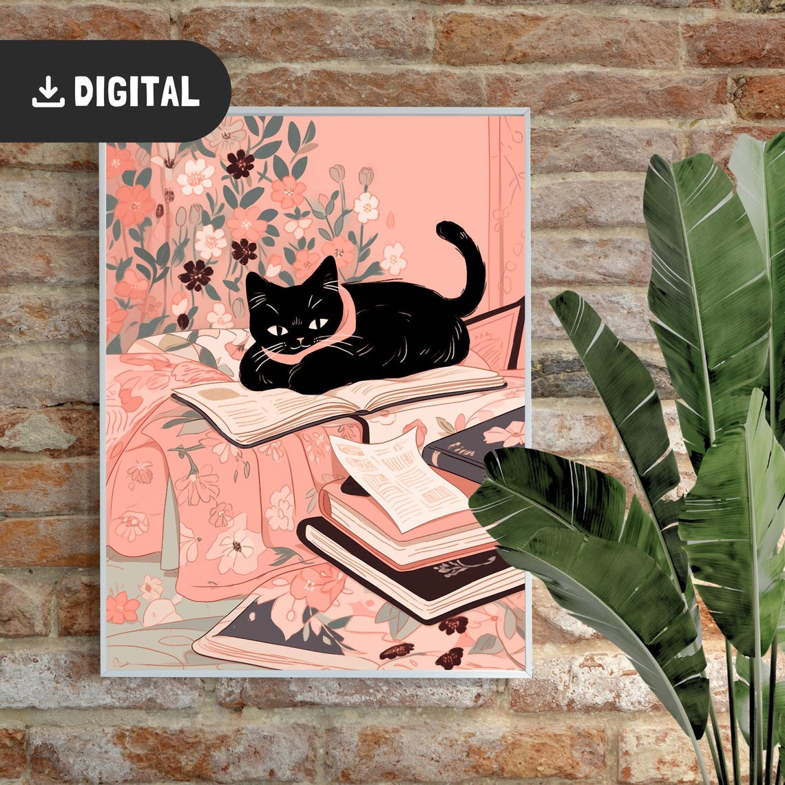 Black Cat on Stack of Books Pink Floral Botanical Reader Cat Wall Art - Image 2