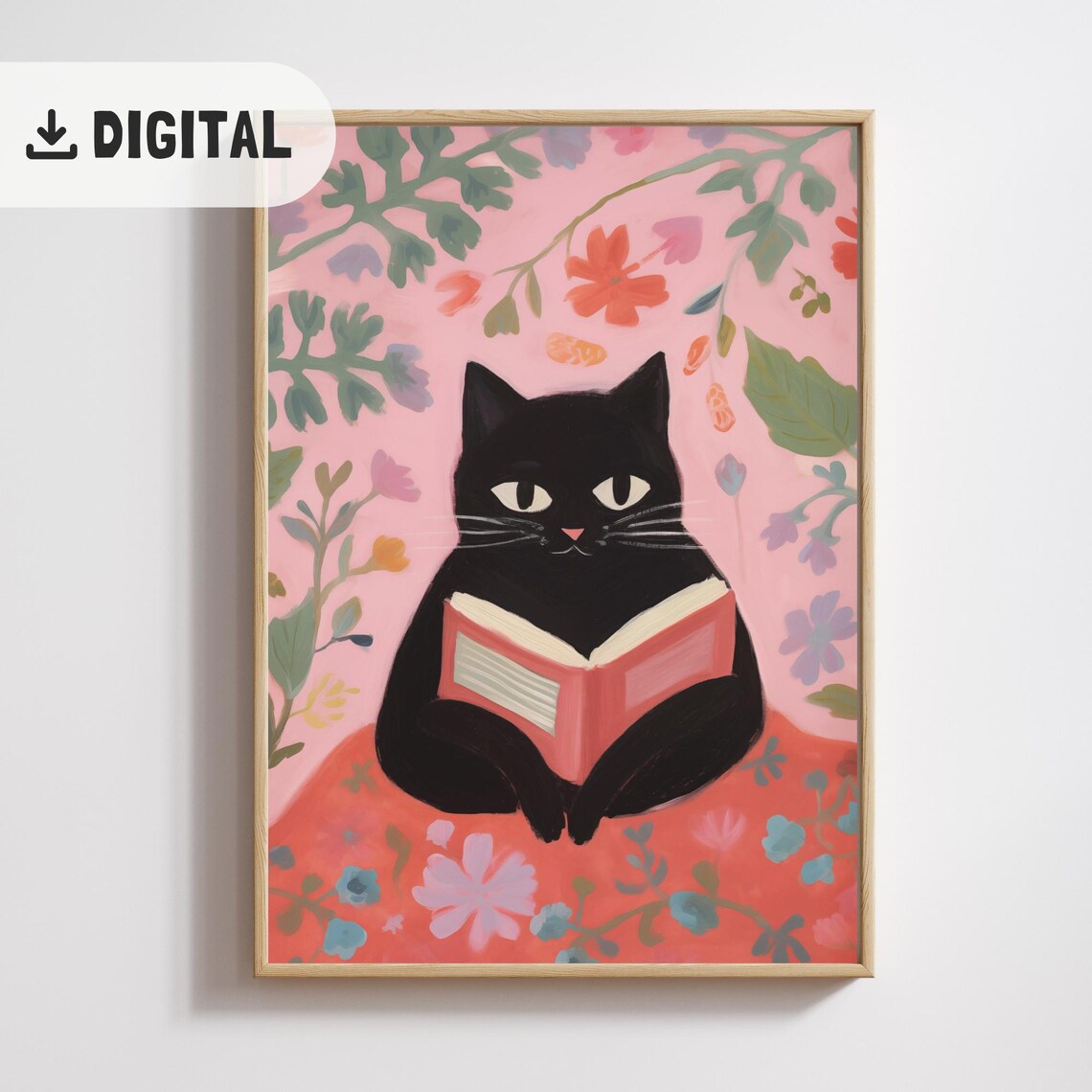 Black Cat Reading Book Pink Floral Background Cute Book Lover Cat Wall Art - Image 2
