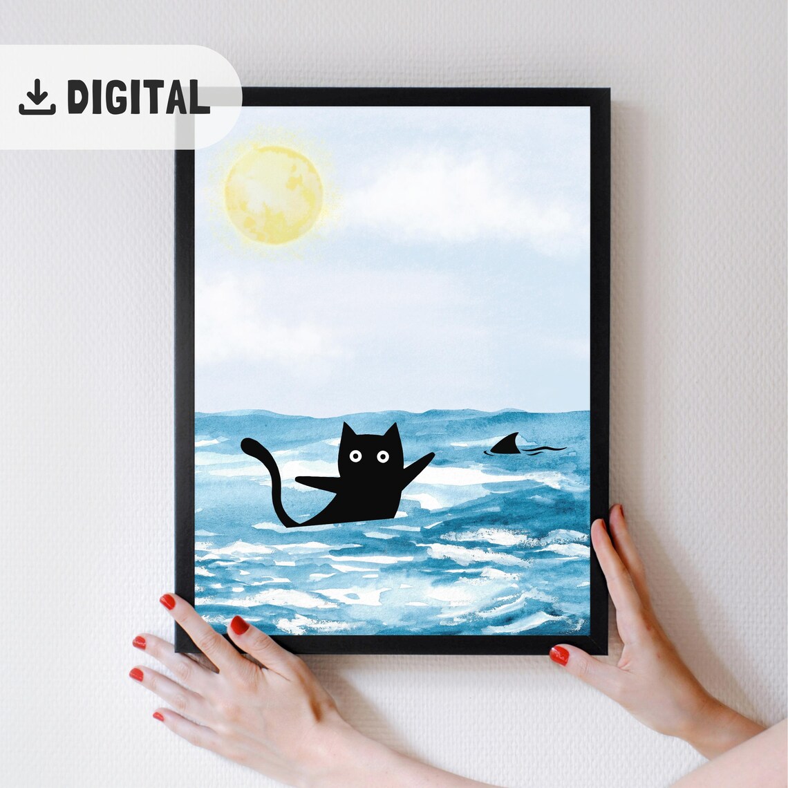 Black Cat Swimming in Ocean with Shark Fin Watercolor Art Poster - Image 2