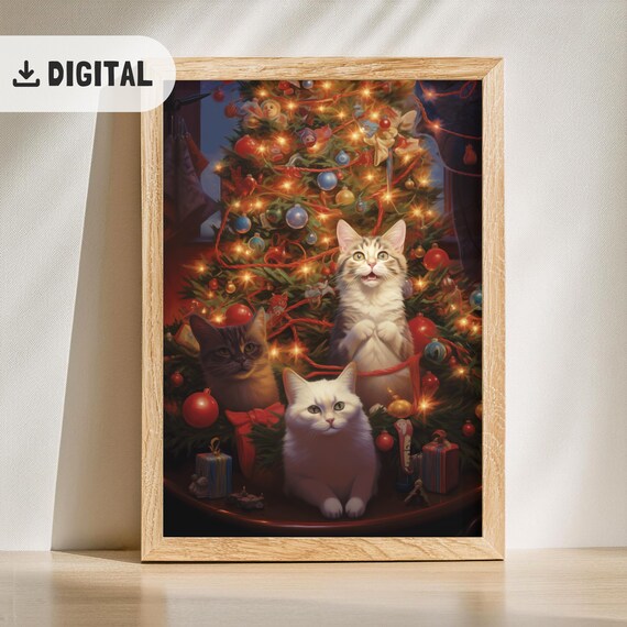Christmas Cats Wall Art Festive Cats Christmas Tree Cute Holiday Decor Funny Cats Poster Trendy Xmas Painting Print Cat Lovers