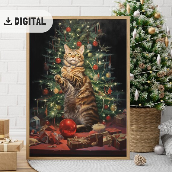 Christmas Cat Wall Art Red Cat Christmas Tree Cute Holiday Decor Funny Cat Poster Vintage Christmas Print Trendy Xmas Painting