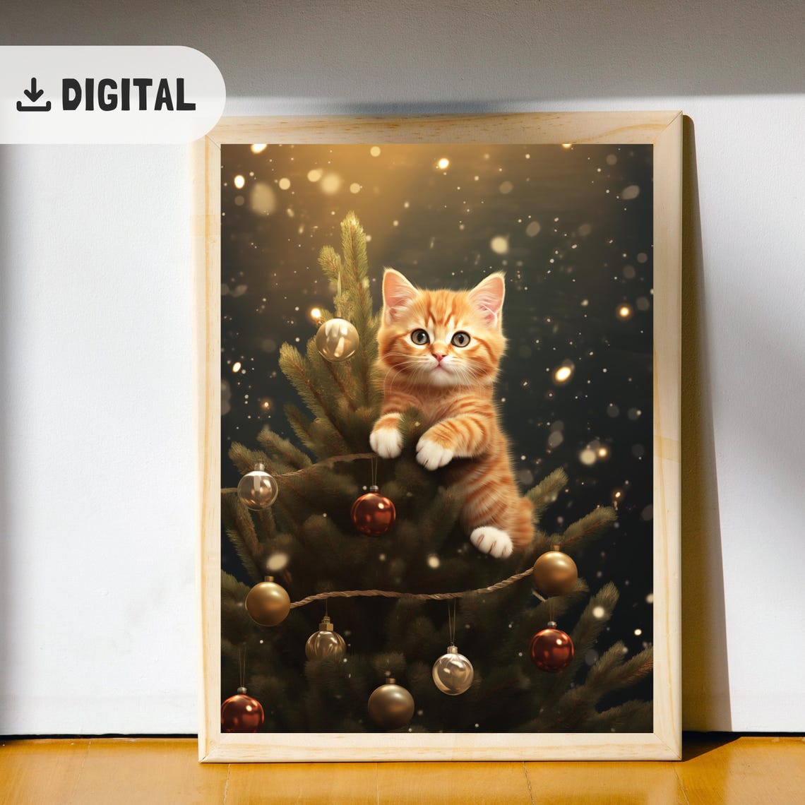 Orange Kitten Perched In Christmas Tree Holiday Baubles Poster