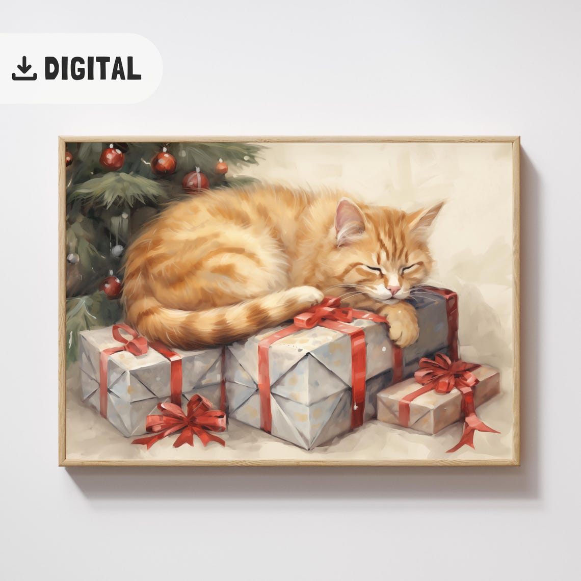 Sleeping Orange Cat On Wrapped Gifts Red Baubles Christmas Poster