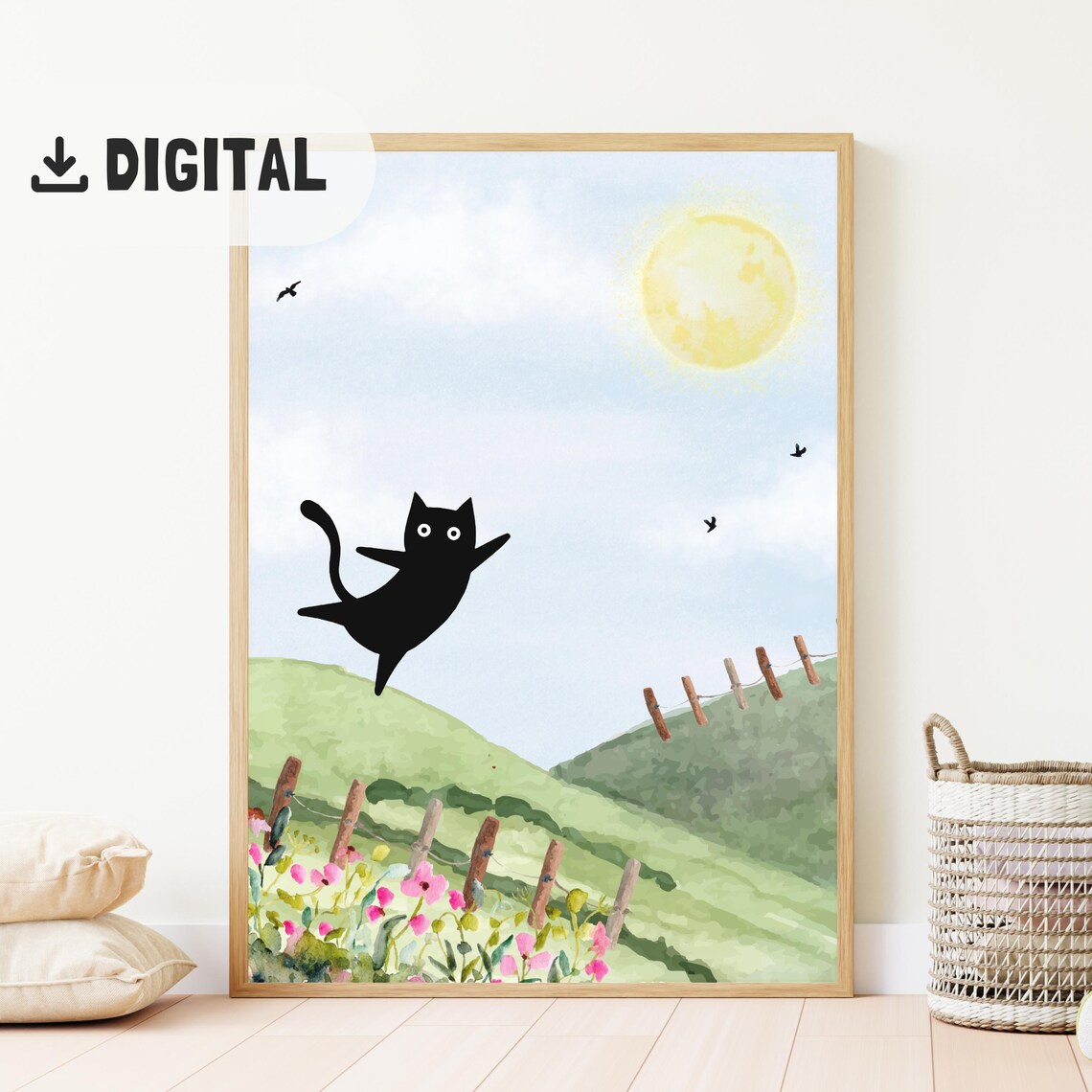 Happy Black Cat Leaping Over Green Hills with Sun Watercolor Poster