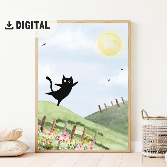 Black Cat Watercolor Print Cute Catful Wall Art Cat In Painting Home Decor Summer Cat Illustration Poster Kids Wallart Cat Lovers Gift