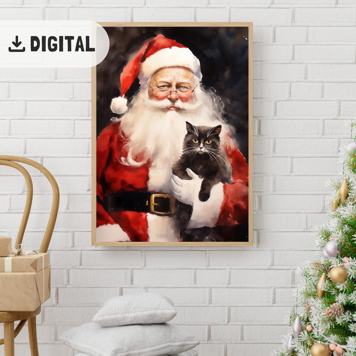 Santa Claus With Black Cat Watercolor Night Christmas Poster - Image 2