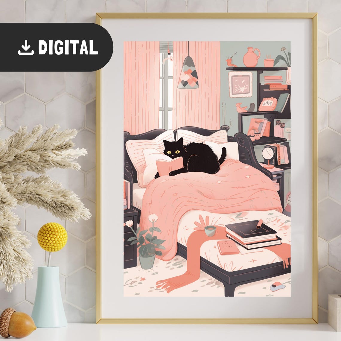 Black Cat Reading in Bed Cozy Bedroom Book Lover Illustration Wall Art