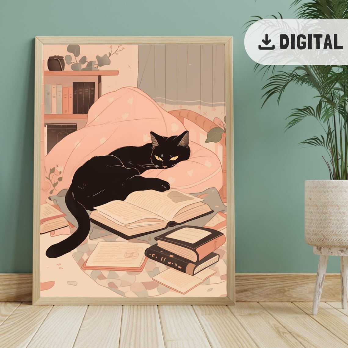 Black Cat Lounging Among Books Cozy Reading Nook Poster Gift