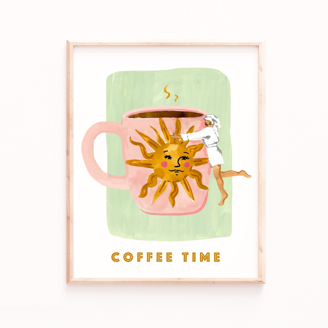 Coffee Hug Boho Kitchen Art Print, Sage Green