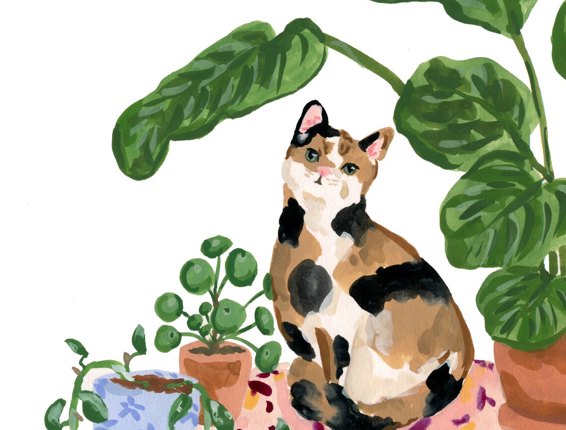 Calico Cat with Plants Art Print, Pet Lover Poster - Image 4