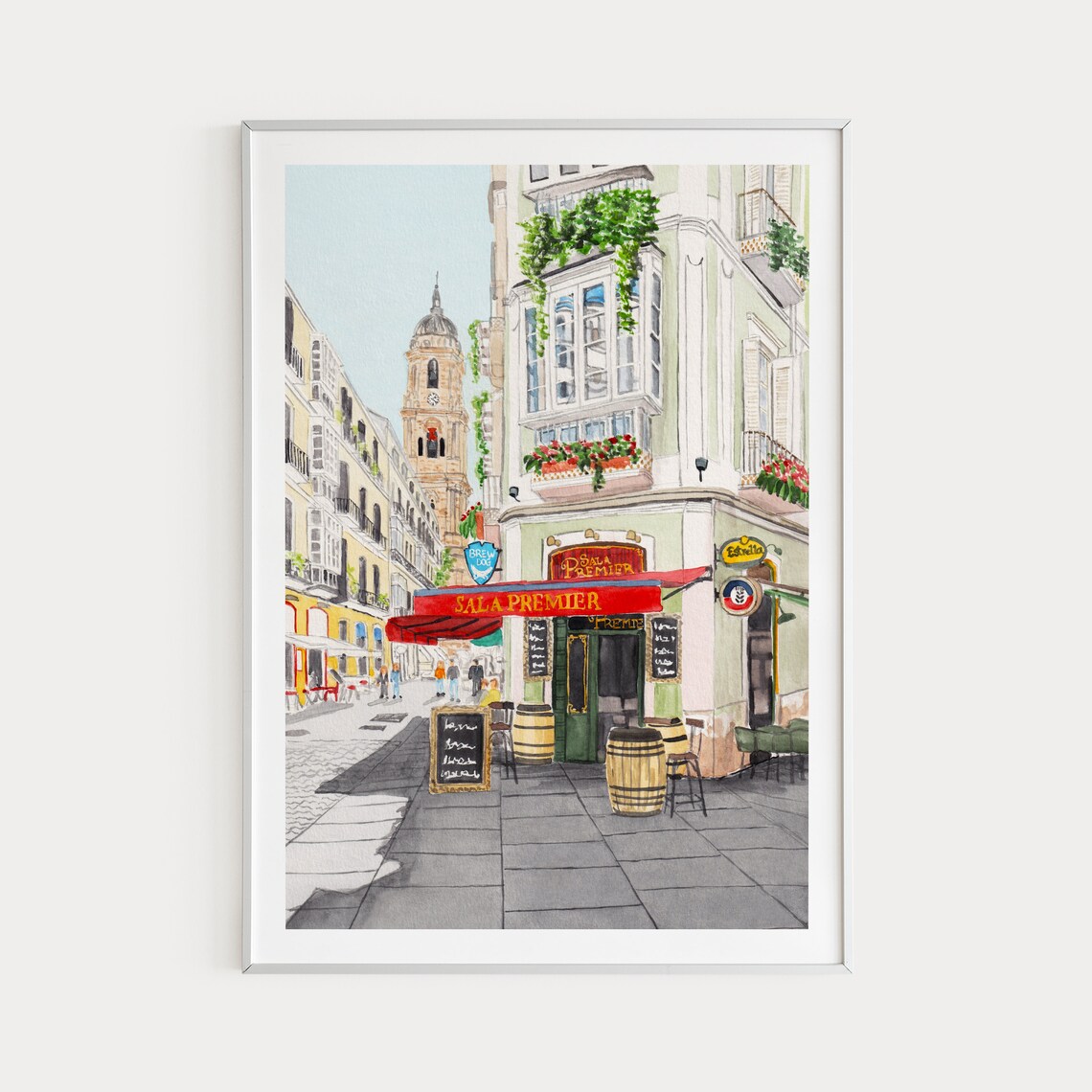 Malaga Spain Sunny Street Cafe Cathedral Tower Watercolor Poster