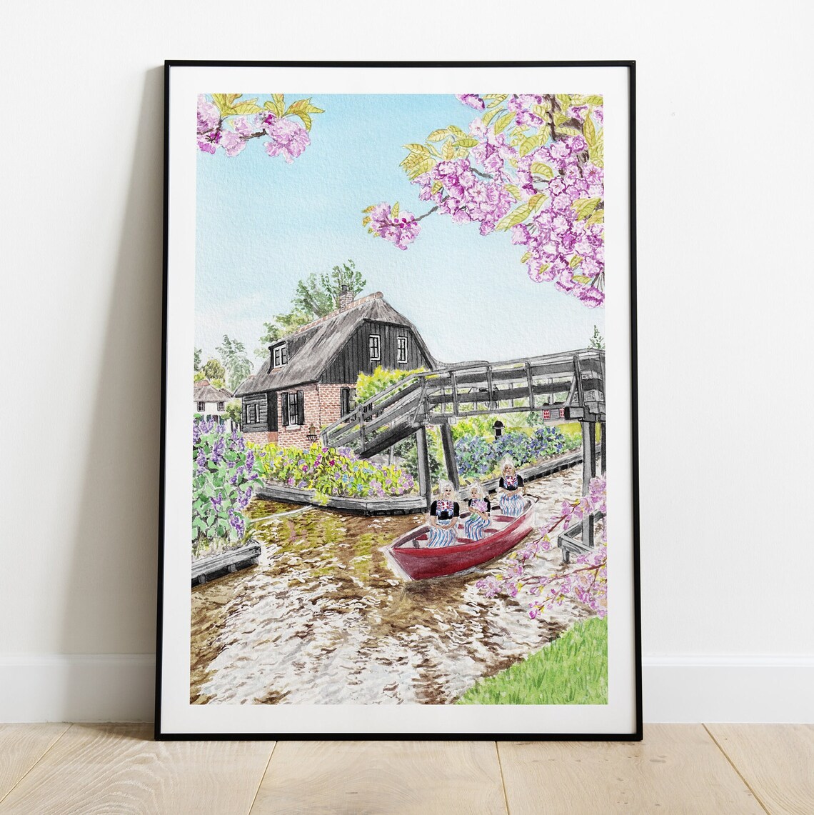 Giethoorn Netherlands Canal Red Boat Village Watercolor Poster - Image 2