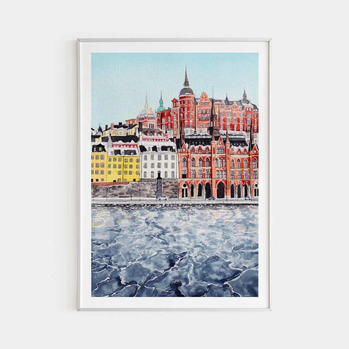 Stockholm Sweden Colorful Waterfront Cityscape Watercolor Poster