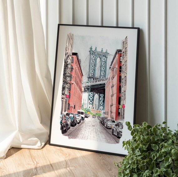 Manhattan Bridge Watercolor Travel Poster, New York