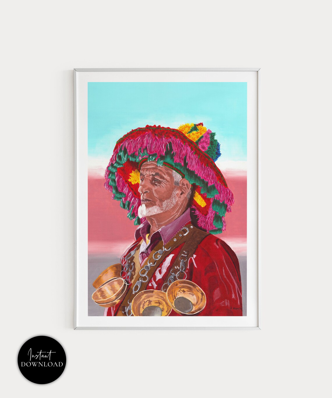 Moroccan Waterman Portrait Colorful Tassel Hat Brass Cups Art Poster