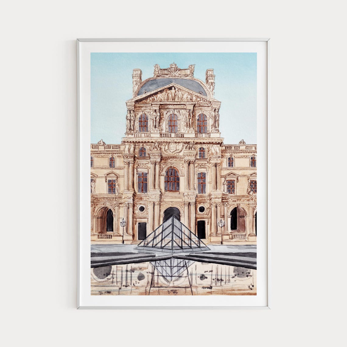 Louvre Museum Paris Glass Pyramid Reflection Watercolor Poster