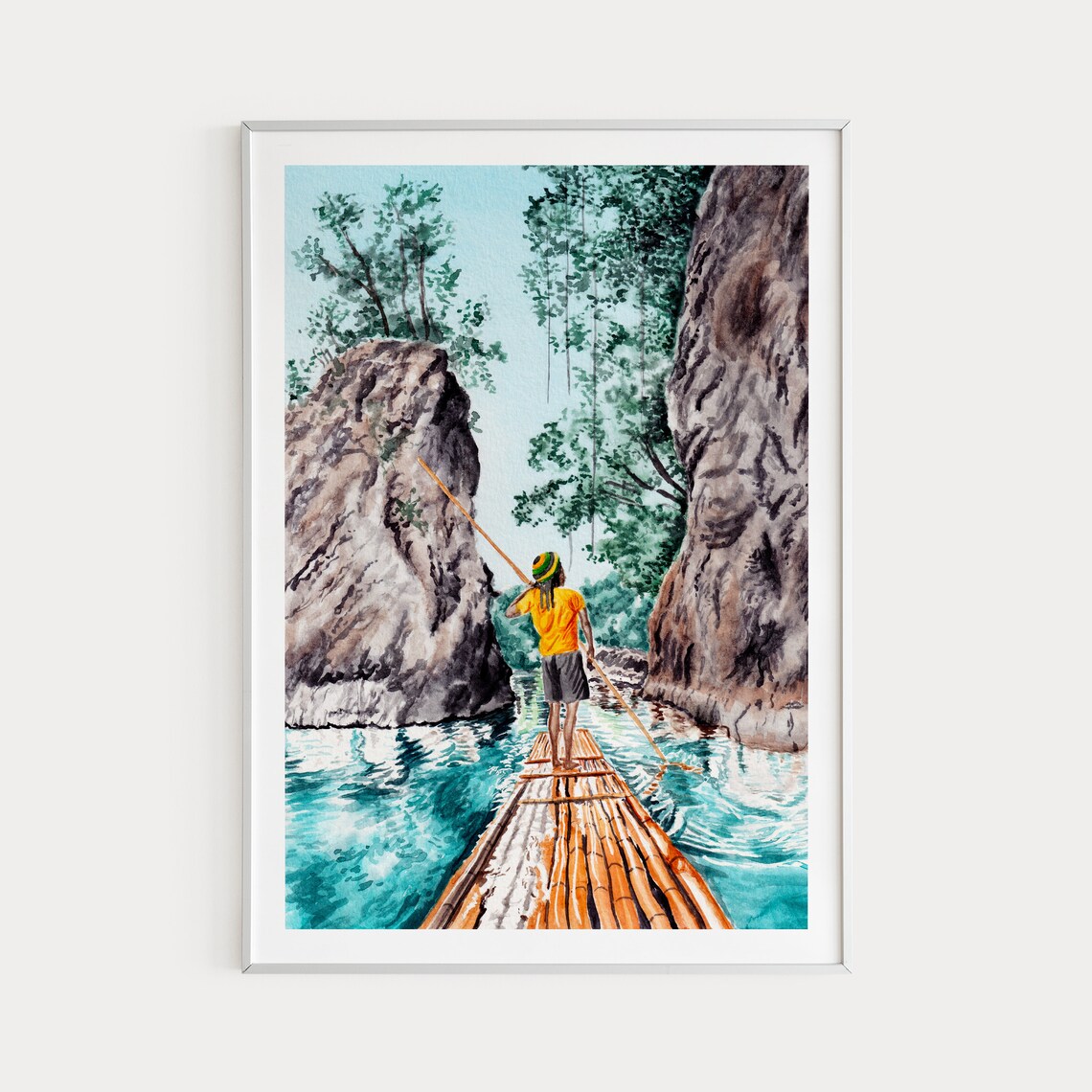 Jamaica Bamboo Rafting Watercolor Travel Poster