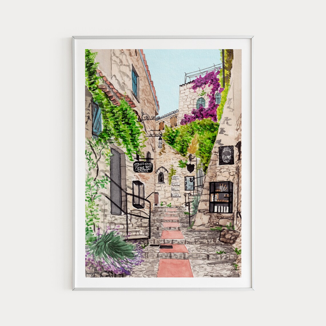 Eze, Cote D'Azur Watercolor Travel Poster, France