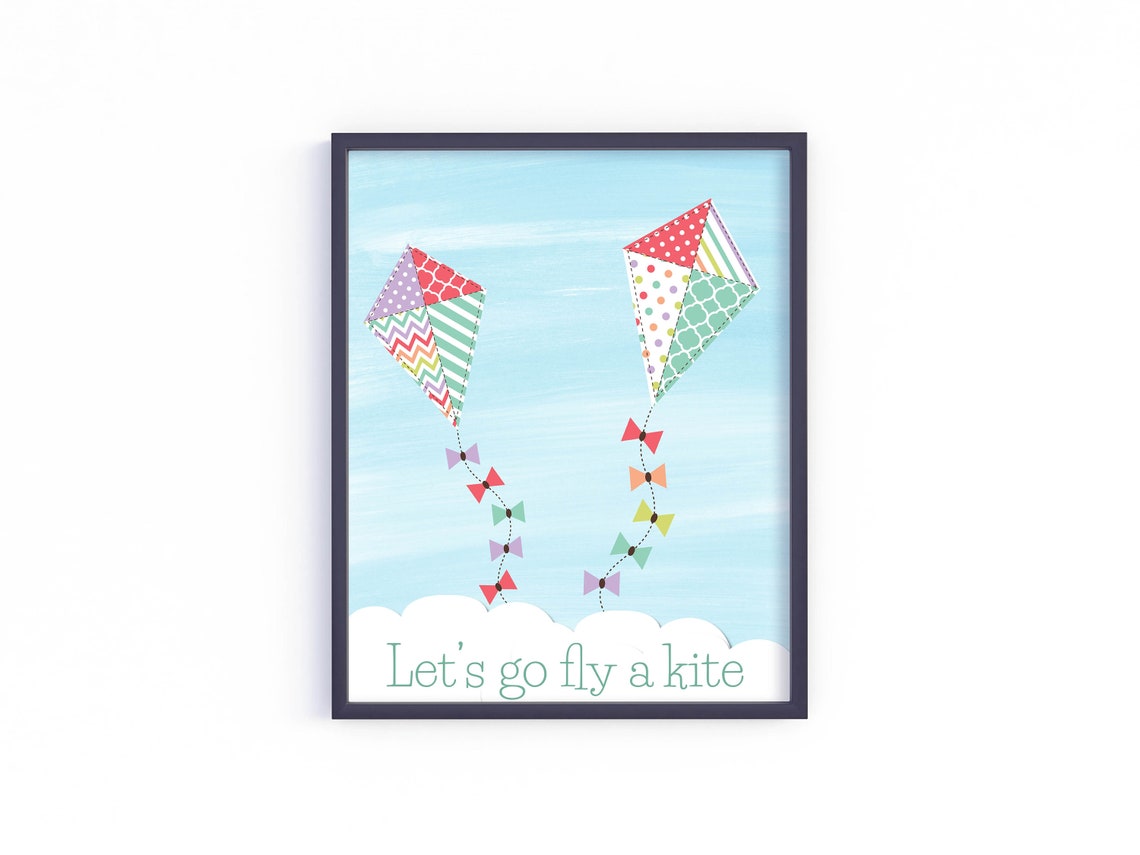 Colorful Patchwork Kites Lets Go Fly a Kite Nursery Kids Art Print - Image 2