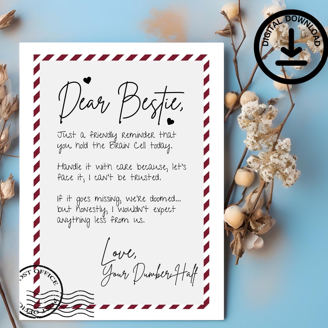 Dear Bestie Brain Cell Letter Funny Friendship Postcard Style Poster