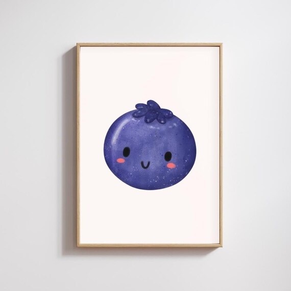 Cute Blueberry Art Print Smiling Fruit Illustration Nursery Wall Decor Whimsical Kitchen Playful Food Artwork