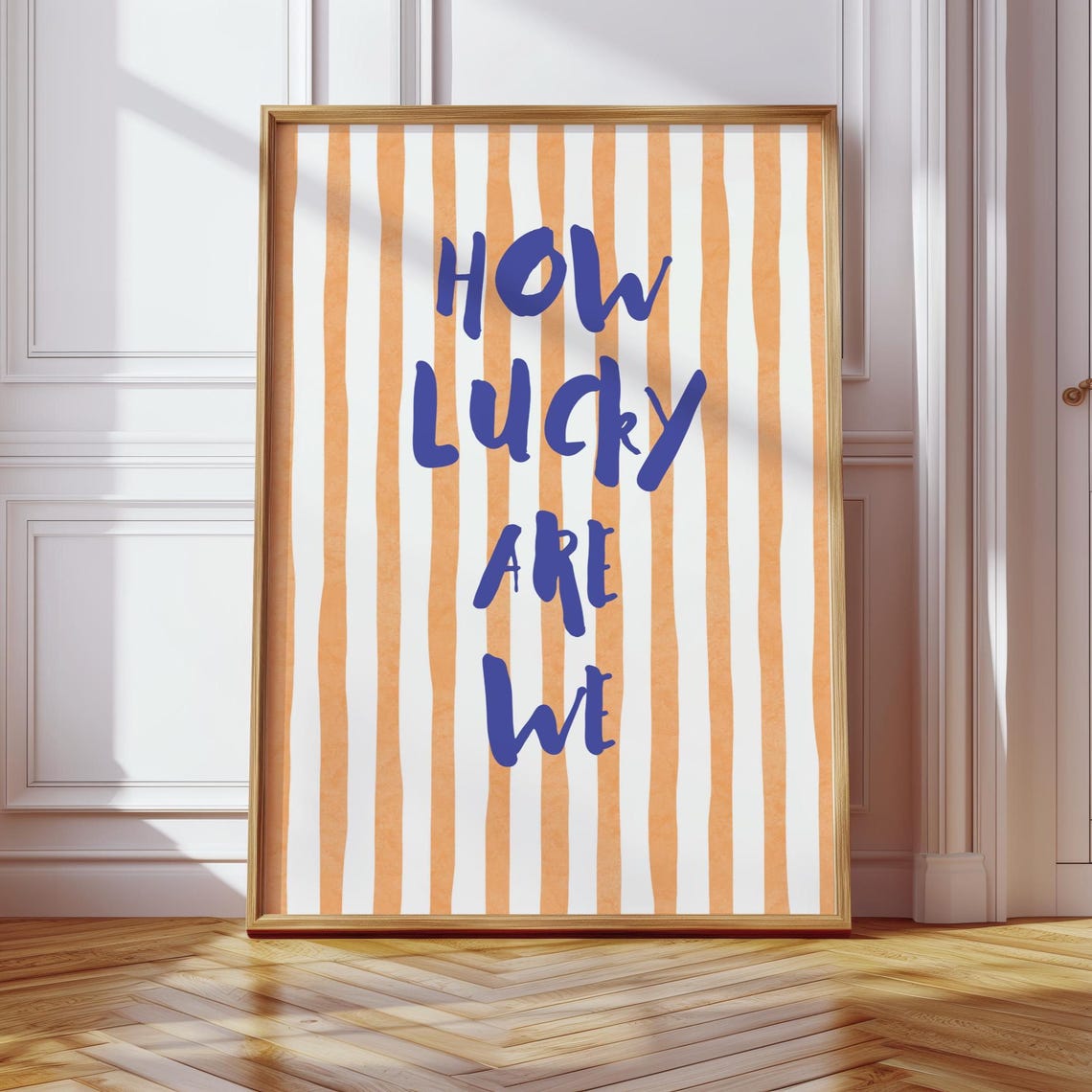 How Lucky Are We Blue Retro Gratitude Quote Striped Decor Poster