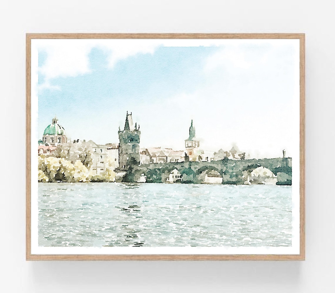 Prague Charles Bridge Watercolor Old Town City View Wall Poster