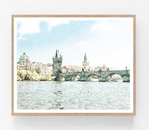 Prague Charles Bridge Watercolor Old Town City View Wall Poster