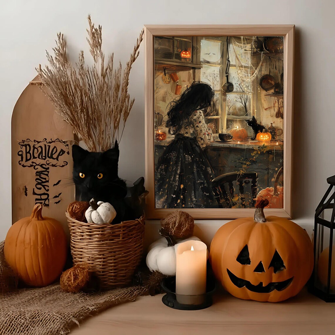 Cozy Autumn Kitchen With Black Cat And Pumpkins Art Print Whimsical Halloween Home Decor Warm Fall Witchy Interior Artwork