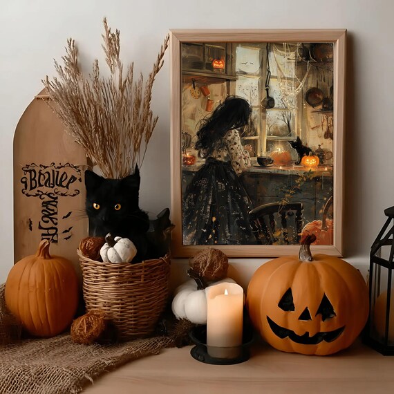 Cozy Autumn Kitchen With Black Cat And Pumpkins Art Print Whimsical Halloween Home Decor Warm Fall Witchy Interior Artwork