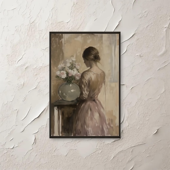 Vintage Woman Arranging Flowers Vase Muted Romantic Floral Poster