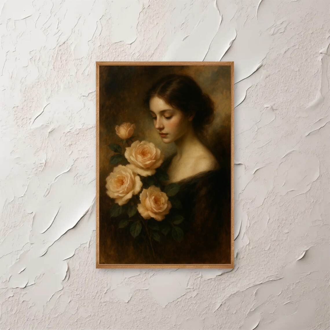 Woman With Cream Roses Vintage Portrait Antique Floral Painting Poster
